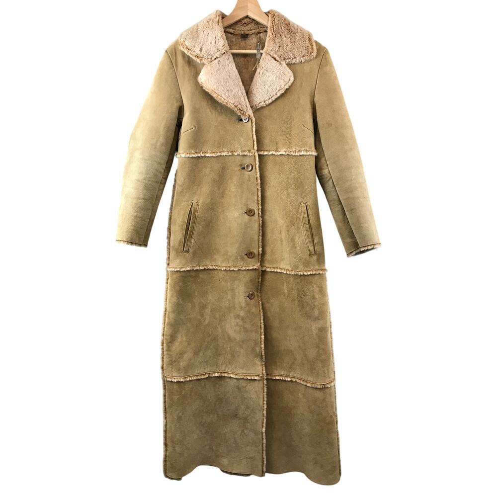 Brandon Thomas Long Shearling Coat in Olive Tan with Cream Lining